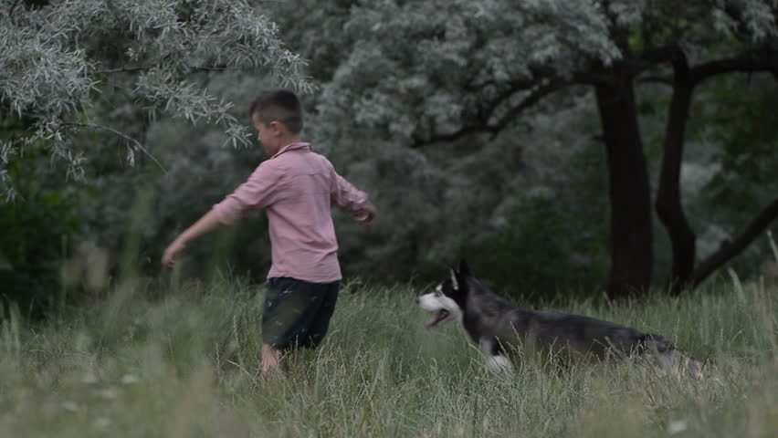 Ein kleiner Junge mit seinem Hund.