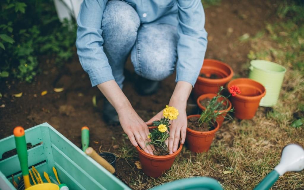 Ein Mädchen pflanzt Blumen ein.